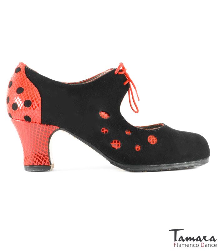 Zapatos de flamenco Lola negro-rojo Ante y Serpiente