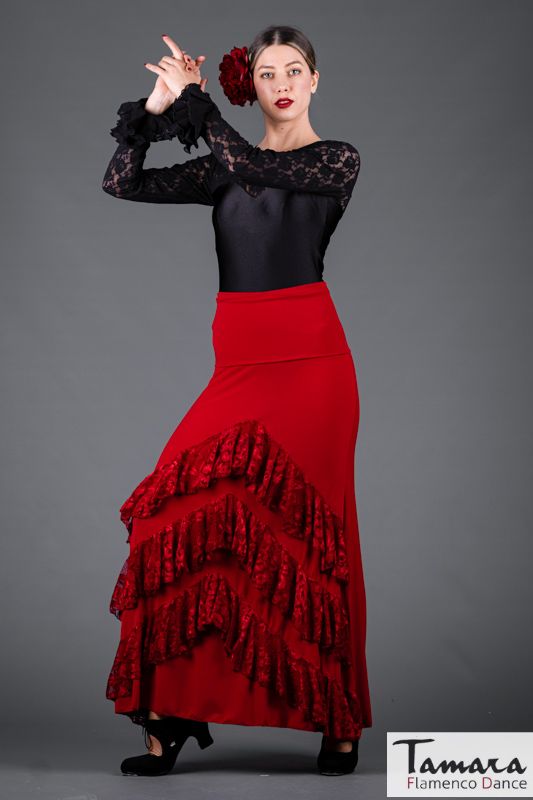 Falda flamenco flamenco Saray - Punto elastico y encaje Rojo