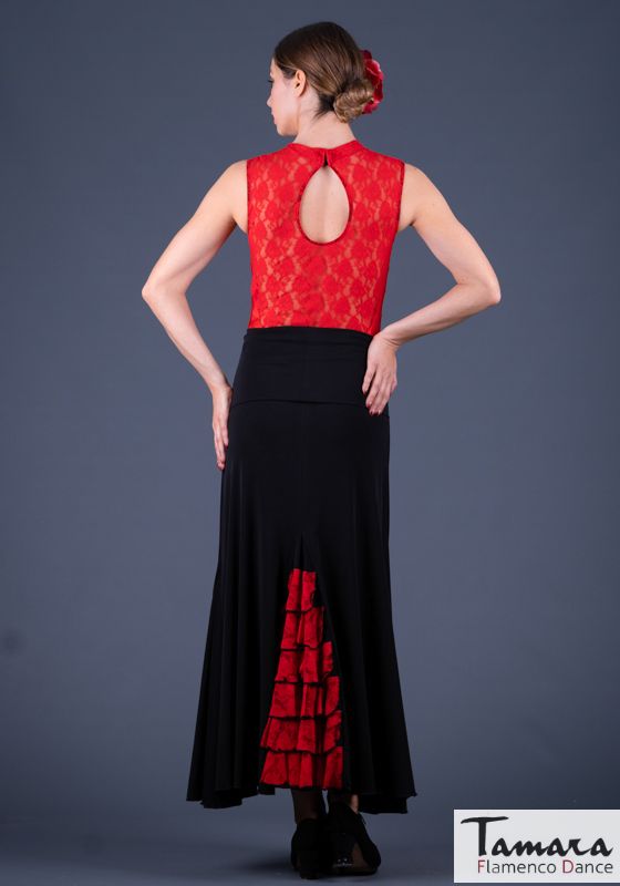 Falda flamenco Almería - Viscosa con volante de encaje Negro-Rojo