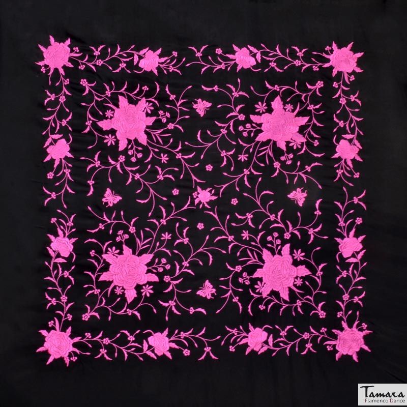 Manton de Manila Primaveral - Bordado Fuxia Negro