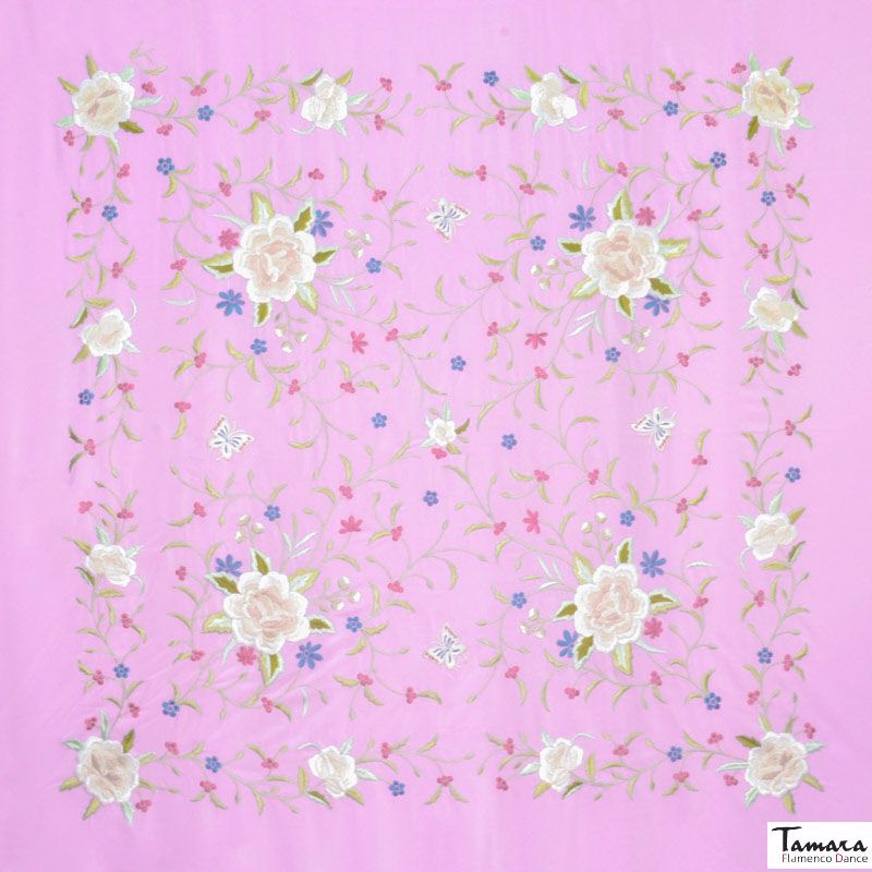 Manton de Manila Primaveral - Bordado Tonos tierra Rosa