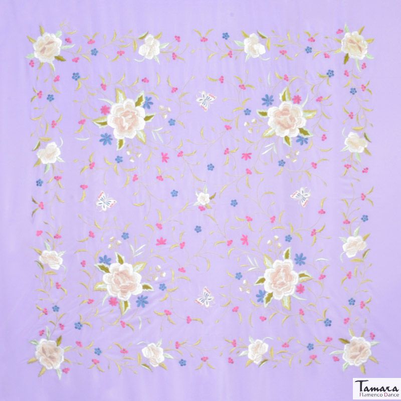 Manton de Manila Primaveral Fleco beige - Bordado Tonos tierra Beige