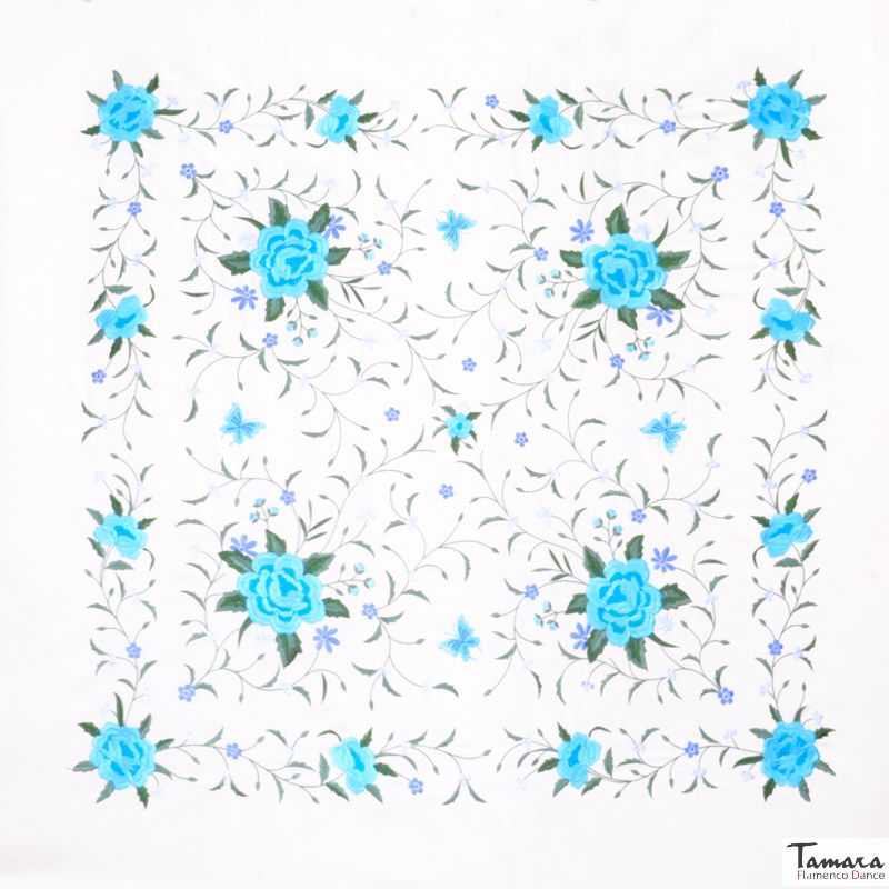 Manton de Manila Primaveral - Tonos azules (En stock) Negro