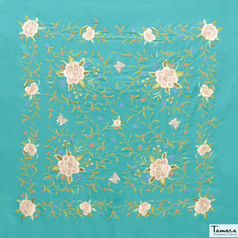 Manton de Manila Primaveral Fleco beige - Bordado Tonos tierra Agua Marina