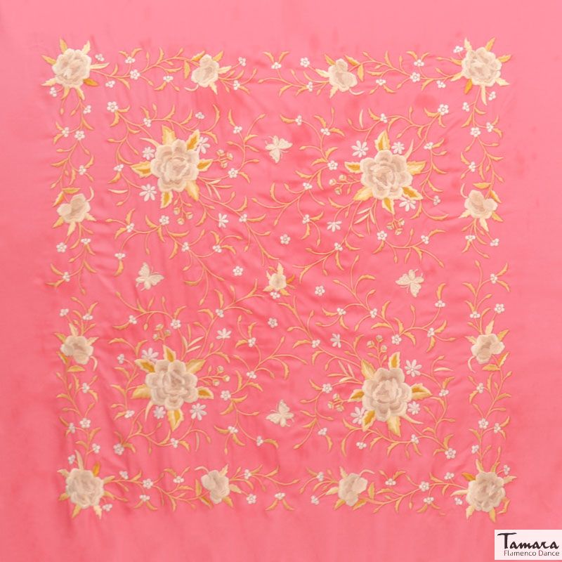 Manton de Manila Primaveral Fleco beige - Bordado Tonos tierra y oro