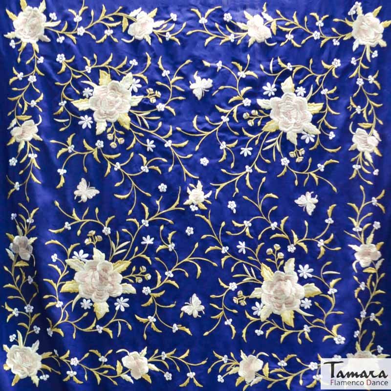 Manton de Manila Primaveral Fleco beige - Bordado Tonos tierra y oro