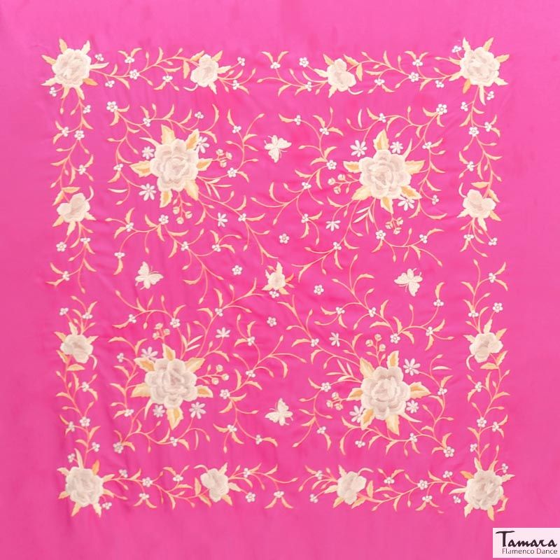 Manton de Manila Primaveral - Bordado Tierra y Oro Fuxia