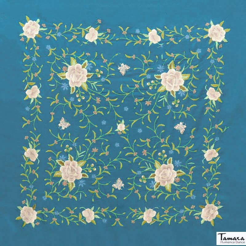 Manton de Manila Primaveral Fleco beige - Bordado Tonos tierra