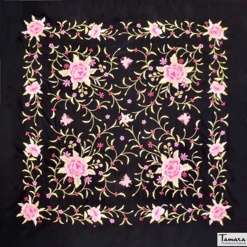 Manton de Manila Primaveral - Bordado Rosa oro y marfil Negro