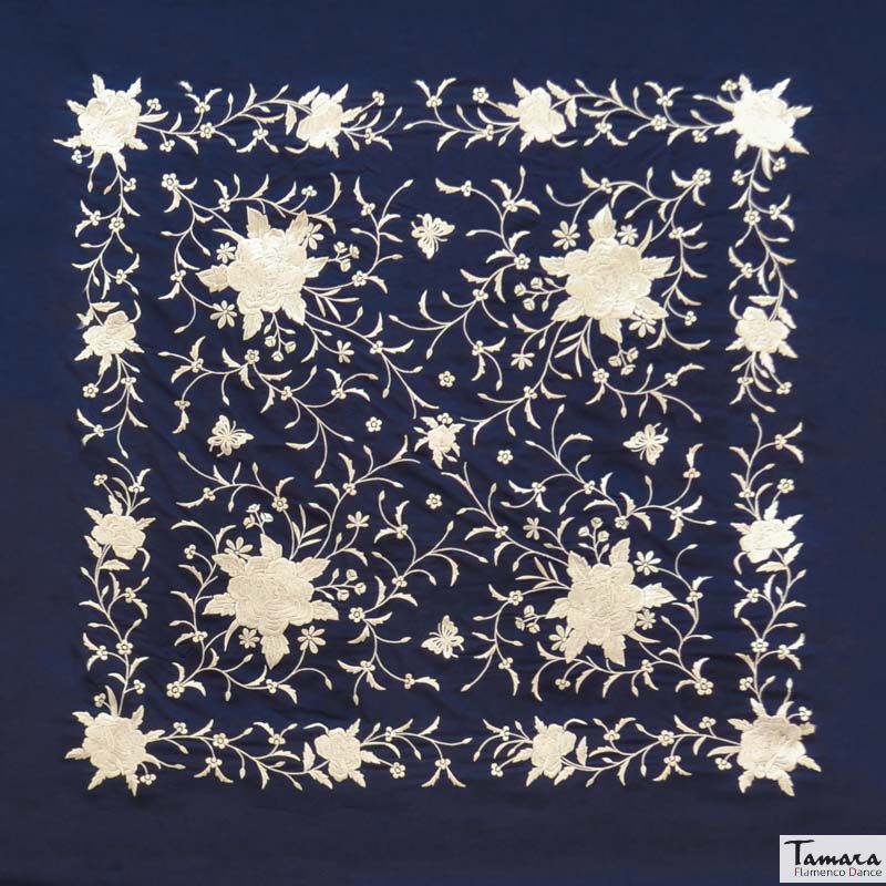 Manton de Manila Primaveral Fleco Marfil - Bordado Marfil Azul Marino
