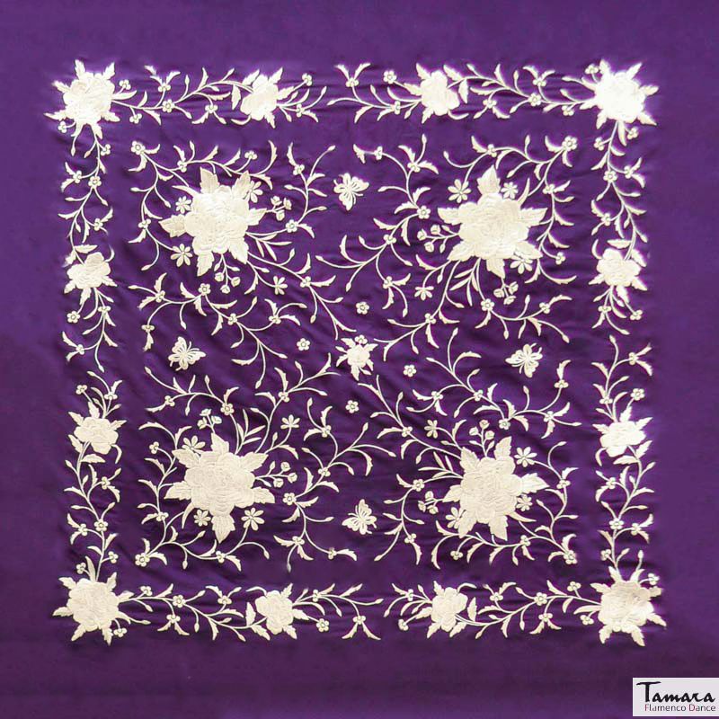Manton de Manila Primaveral Fleco Marfil - Bordado Marfil Morado