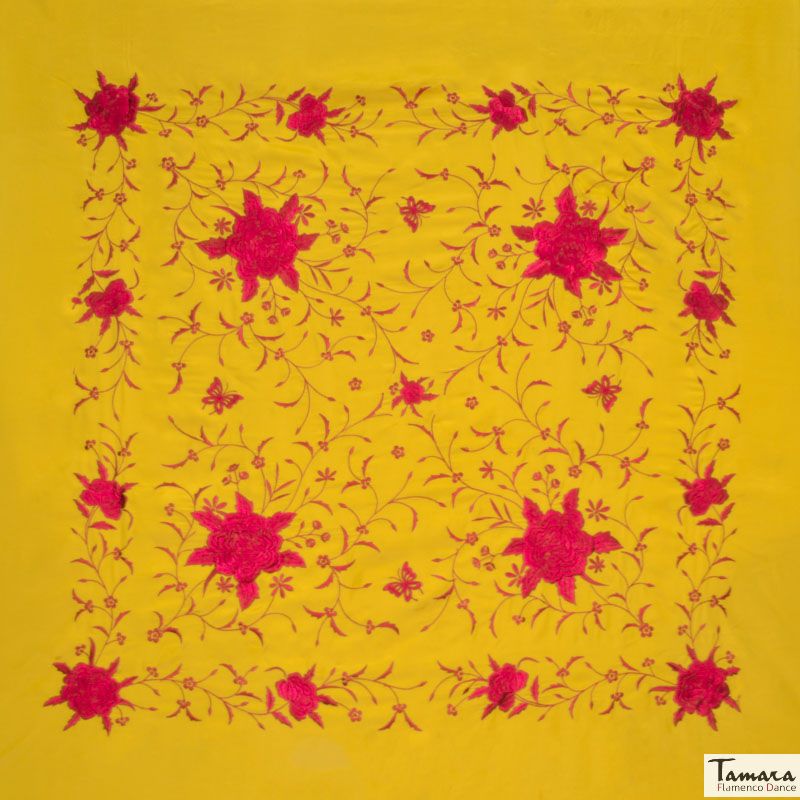 Manton de Manila Primaveral - Bordado Rojo Mostaza