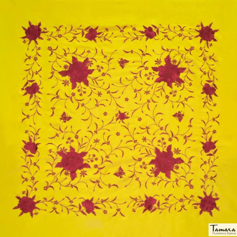 Manton de Manila Primaveral - Bordado Burdeos Amarillo