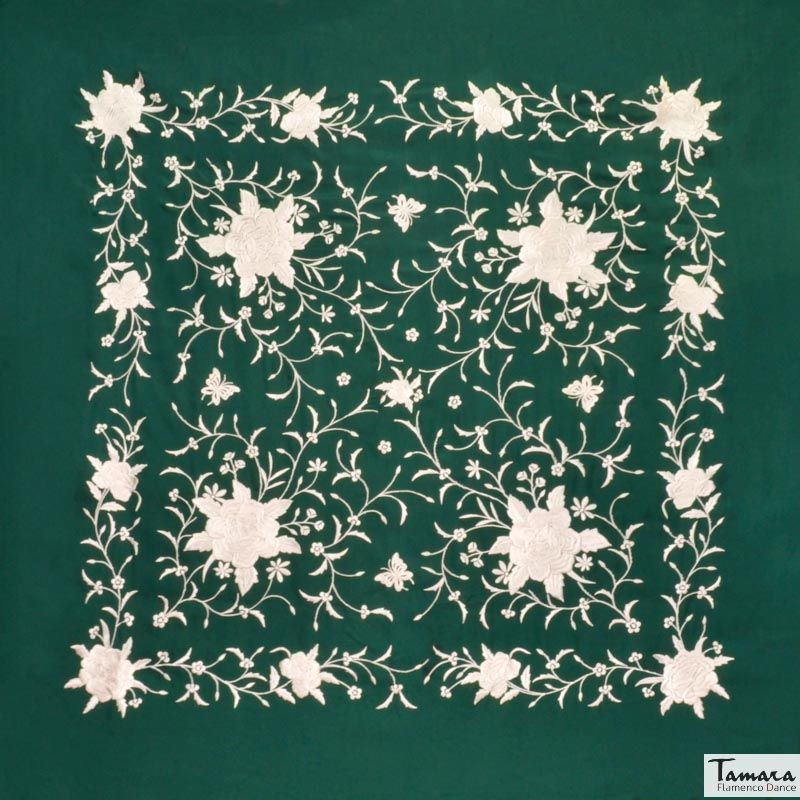 Manton de Manila Primaveral - Bordado Marfil Verde Botella