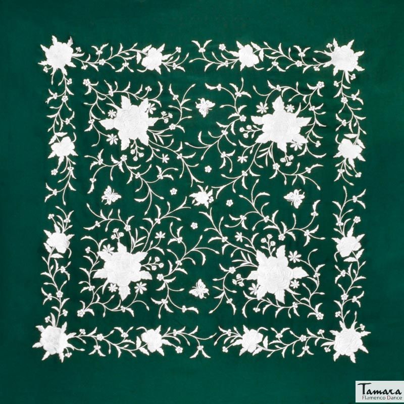 Manton de Manila Primaveral - Bordado Blanco Verde Botella