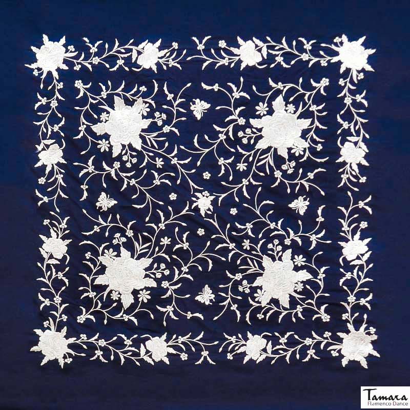 Manton de Manila Primaveral - Bordado Blanco Azul Marino