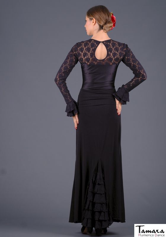 Falda flamenco Almería - Viscosa con volante de encaje Negro