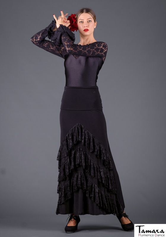 Falda flamenco flamenco Saray - Punto elastico y encaje Negro