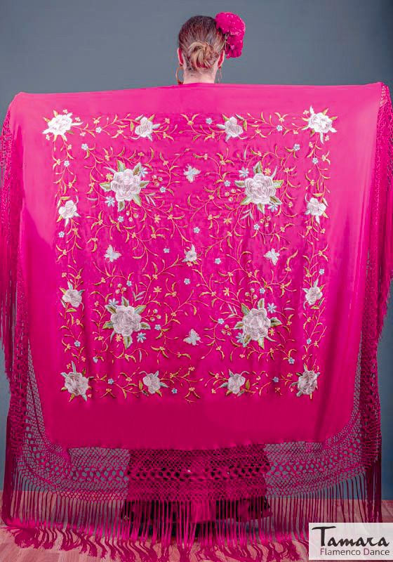 Manton de Manila Primaveral - Bordado Tonos tierra Fuxia