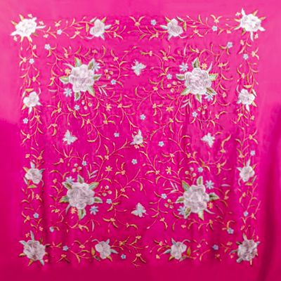 Manton de Manila Primaveral Fleco beige - Bordado Tonos tierra Fuxia
