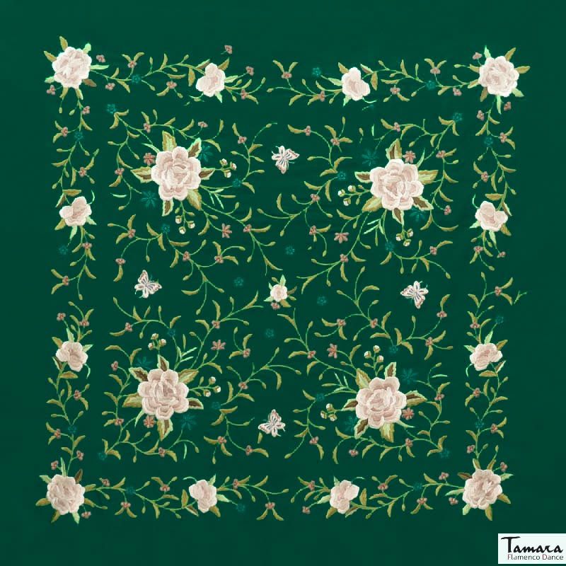 Manton de Manila Primaveral - Bordado Tonos tierra Verde Botella