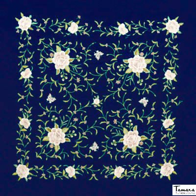 Manton de Manila Primaveral - Bordado Tonos tierra Azul Marino
