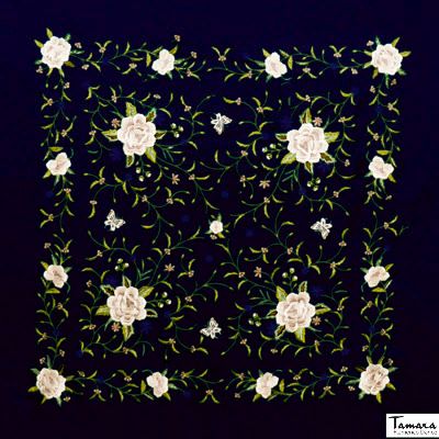 Manton de Manila Primaveral - Bordado Tonos tierra Negro