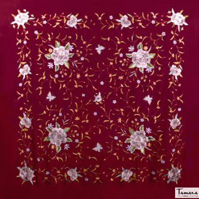 Manton de Manila Primaveral Fleco beige - Bordado Tonos tierra Burdeos