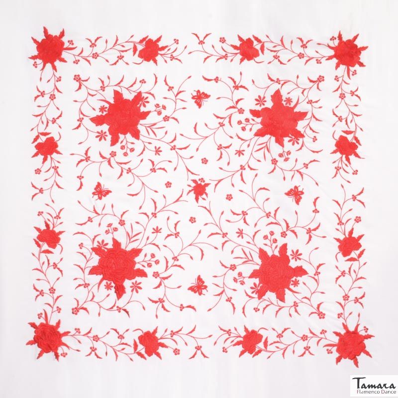 Manton de Manila Primaveral - Bordado Rojo Blanco