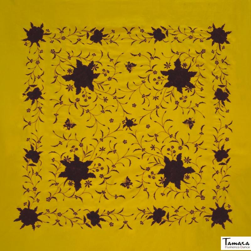 Manton de Manila Primaveral - Bordado Negro Mostaza