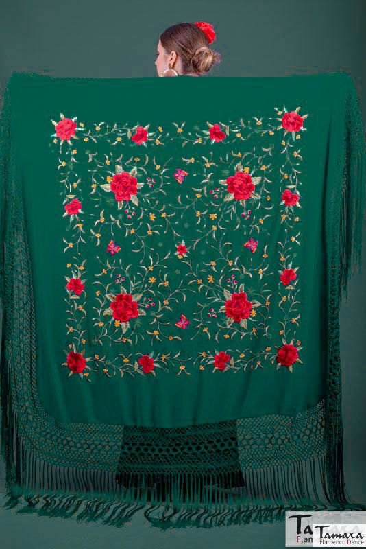 Manton de Manila Primaveral - Bordado Multicolor Verde Botella