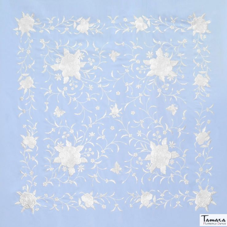 Manton de Manila Primaveral - Bordado Blanco Celeste