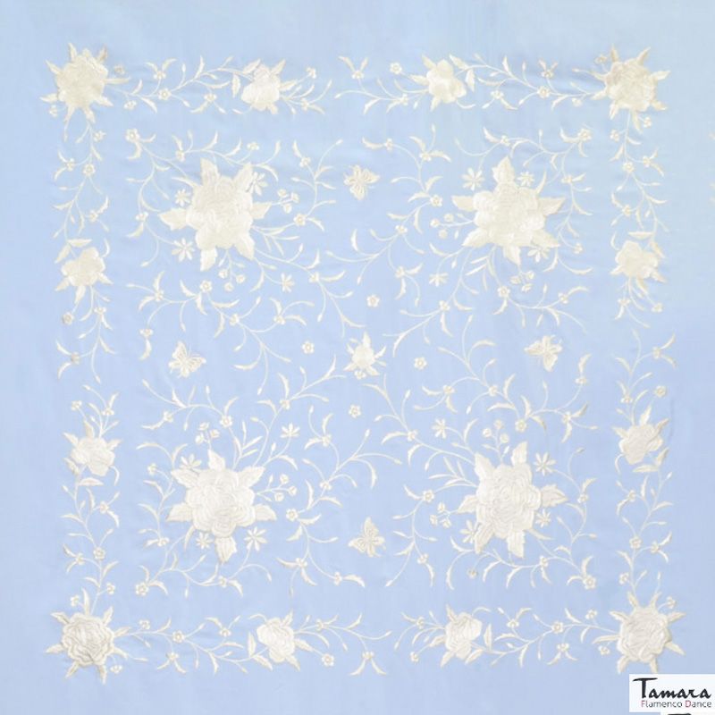 Manton de Manila Primaveral - Bordado Marfil Celeste