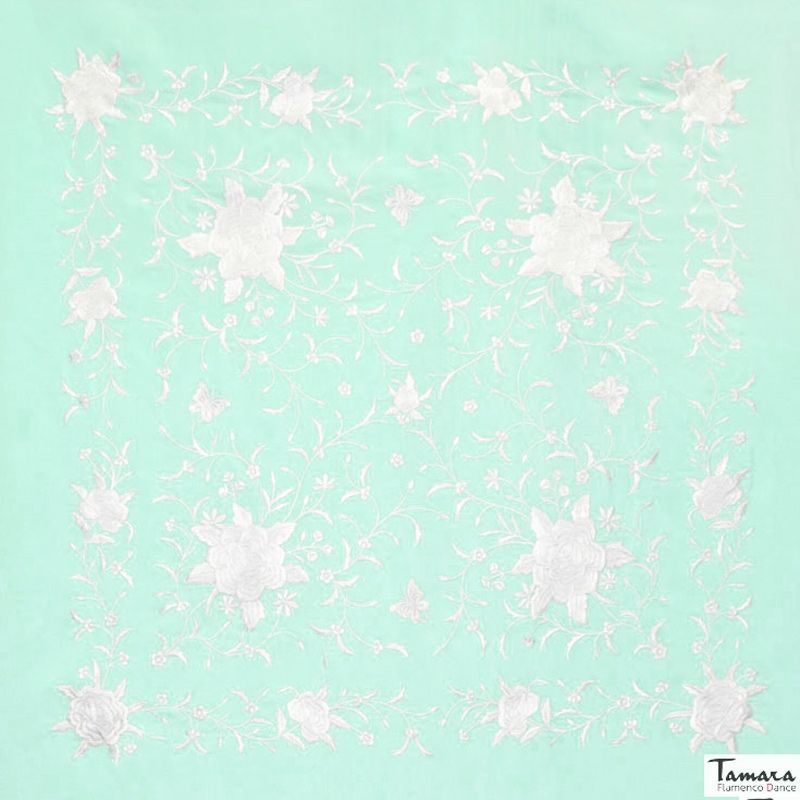 Manton de Manila Primaveral - Bordado Blanco Verde Agua