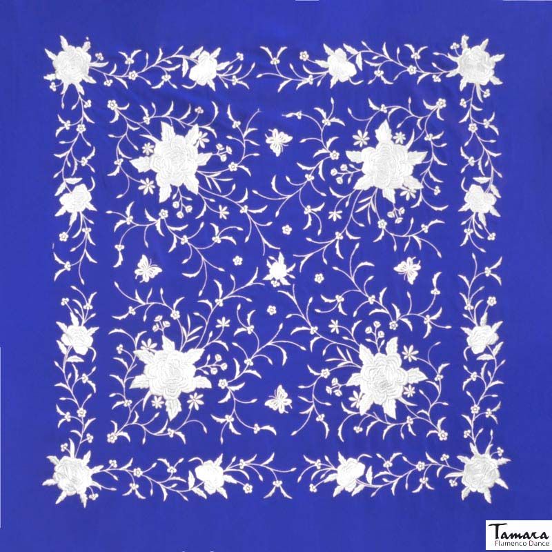 Manton de Manila Primaveral - Bordado Blanco Azulina