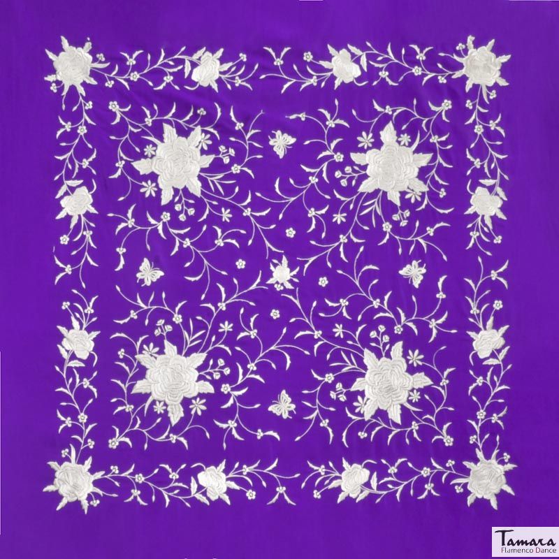 Manton de Manila Primaveral - Bordado Blanco Morado