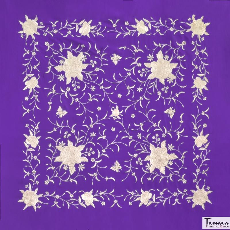 Manton de Manila Primaveral - Bordado Marfil Morado