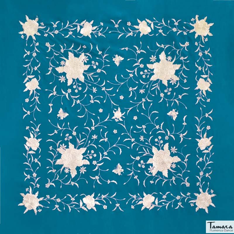 Manton de Manila Primaveral - Bordado Beig Petroleo