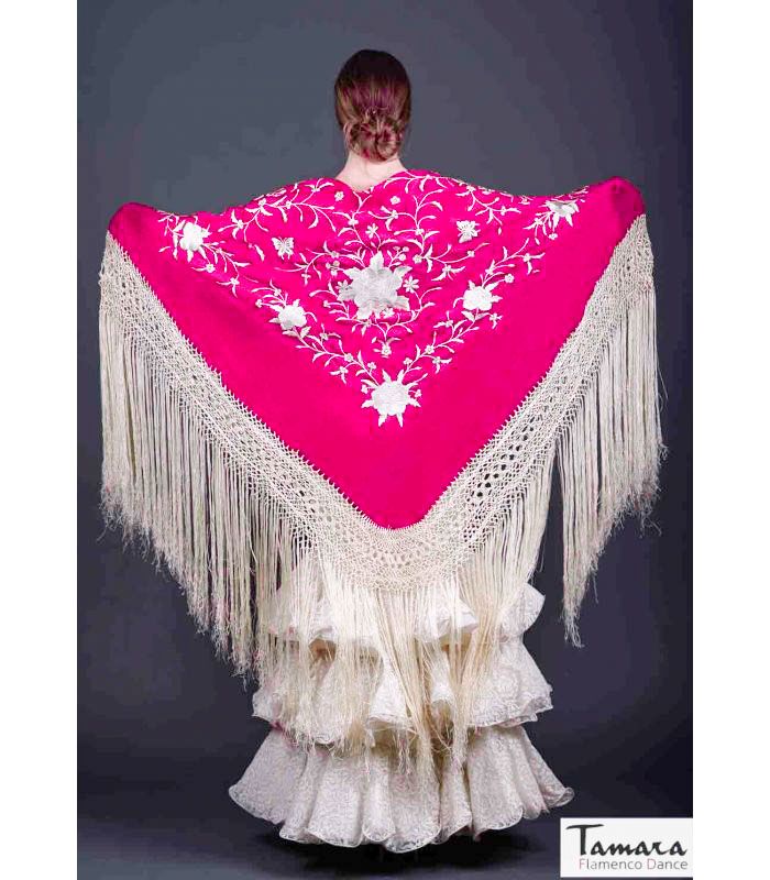 Manton de Manila Primaveral Fleco Marfil - Bordado Marfil Fuxia