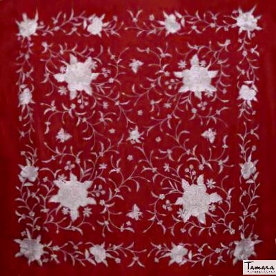 Manton de Manila Primaveral - Bordado Beig Burdeos