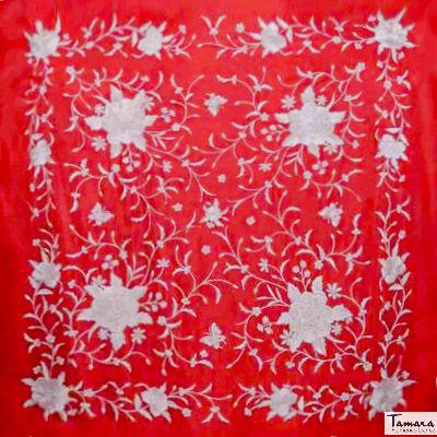 Manton de Manila Primaveral - Bordado Beig Rojo