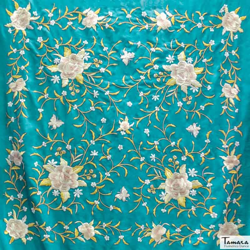 Manton de Manila Primaveral Fleco beige - Bordado Tonos tierra y oro Agua Marina