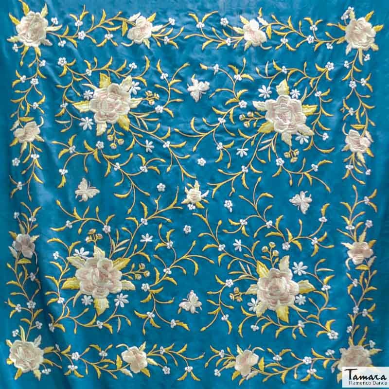 Manton de Manila Primaveral Fleco beige - Bordado Tonos tierra y oro Petroleo