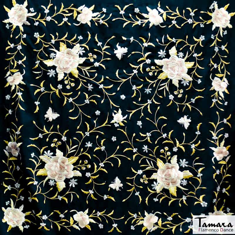 Manton de Manila Primaveral Fleco beige - Bordado Tonos tierra y oro Negro