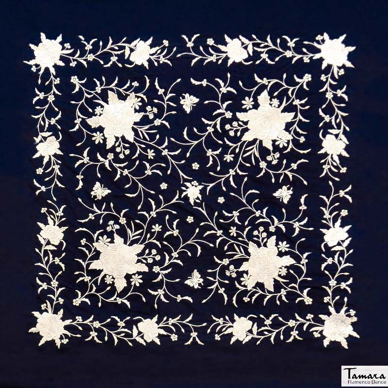 Manton de Manila Primaveral Fleco Marfil - Bordado Marfil Negro