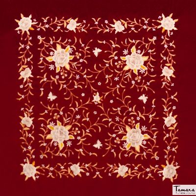 Manton de Manila Primaveral Fleco beige - Bordado Tonos tierra y oro Burdeos