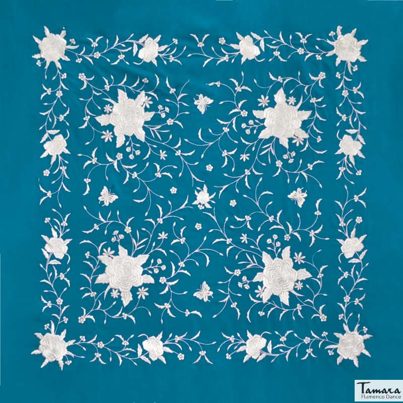 Manton de Manila Primaveral - Bordado Blanco Petroleo
