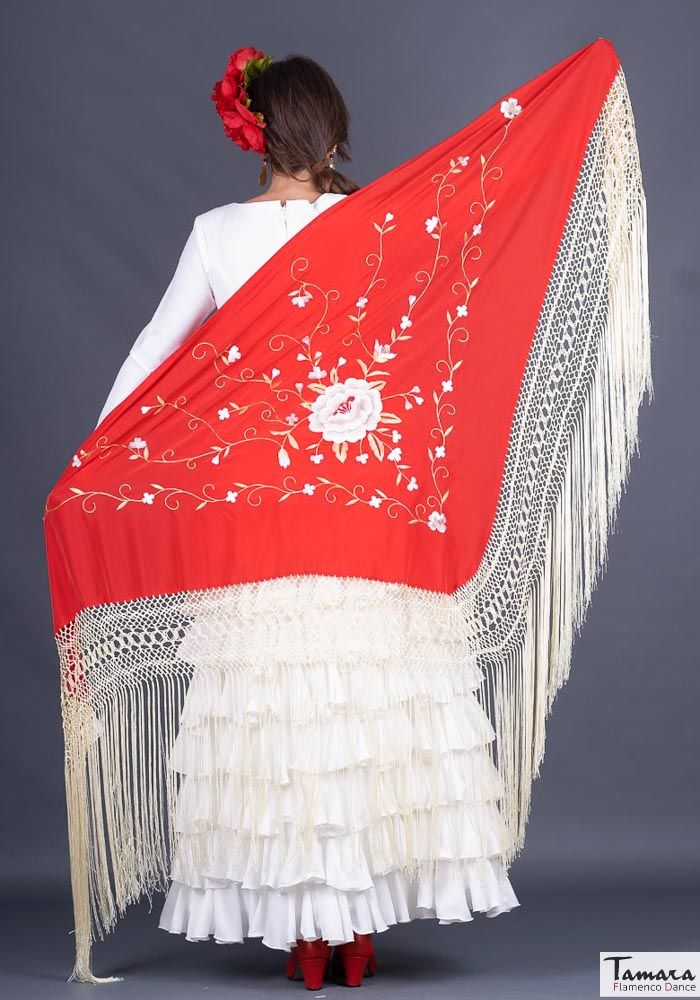 Manton Roma Fleco Marfil - Bordado Tierra y oro Rojo