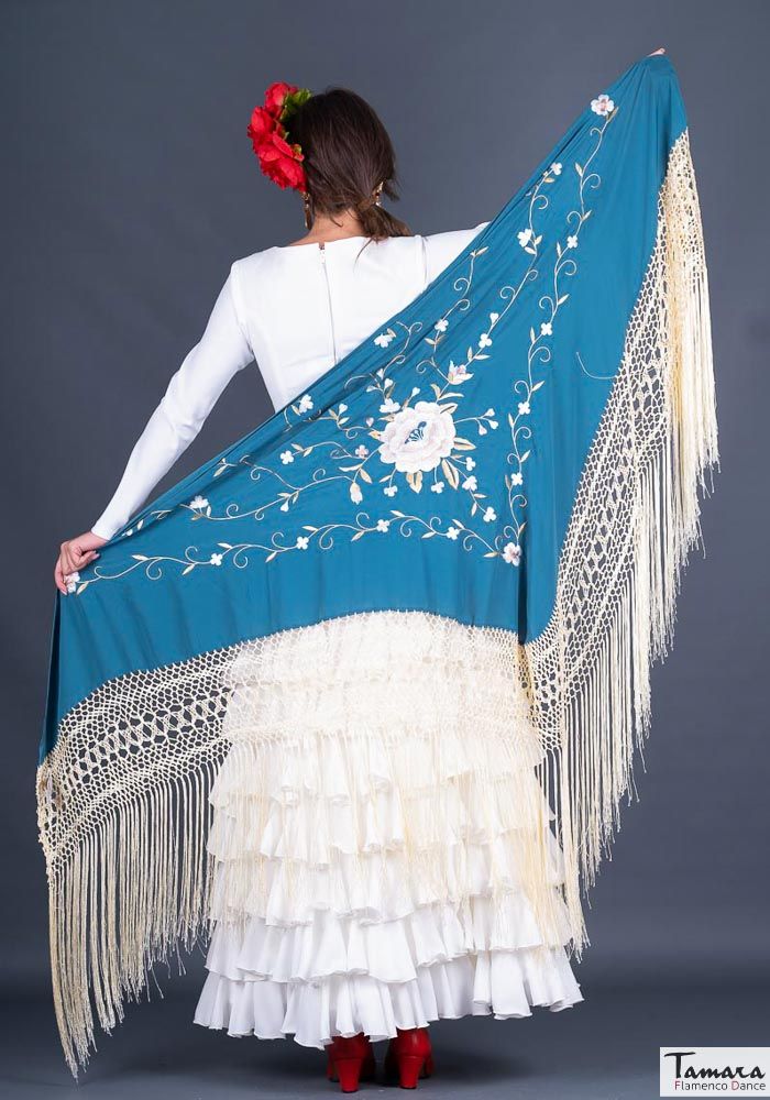 Manton Roma Fleco Marfil - Bordado Tierra y oro Petroleo