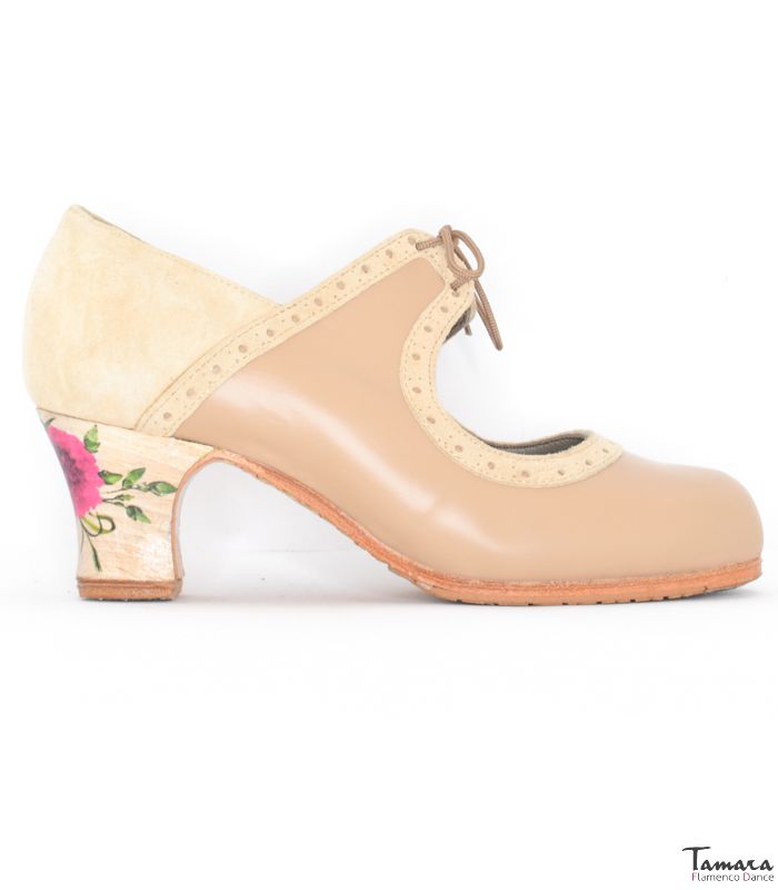 Zapatos de flamenco Rumba Tacon Decorado Camel Piel y ante
